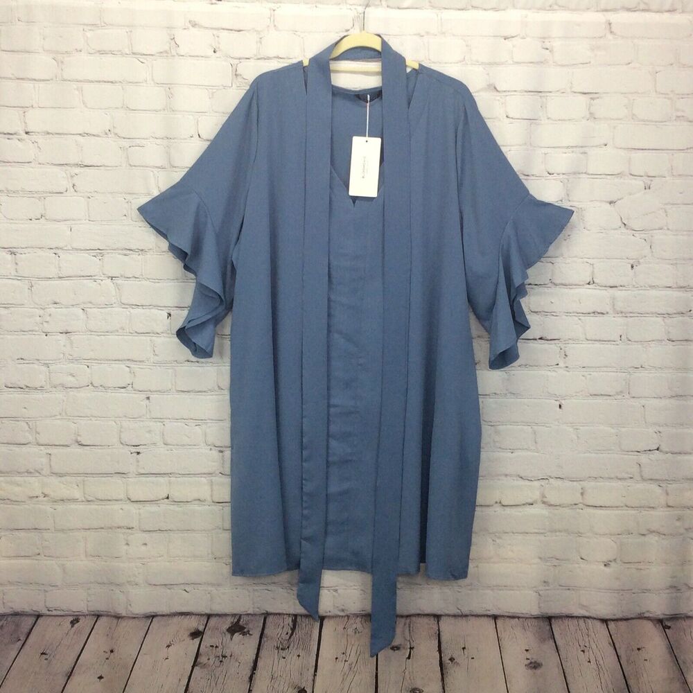 Bloomchic Shift Dress Women's Plus Size 22/24 Blue Belted Pockets Ruffle Sleeves